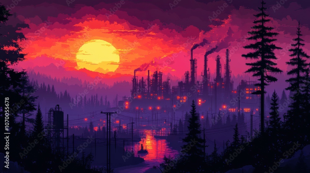 Sunset Over Industrial Urban Refinery with Natural Elements Sunset Over Industrial Urban Refinery with Natural Elements