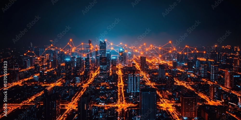 Fototapeta premium Aerial View of a Modern City at Night with Interconnected Lines of Light