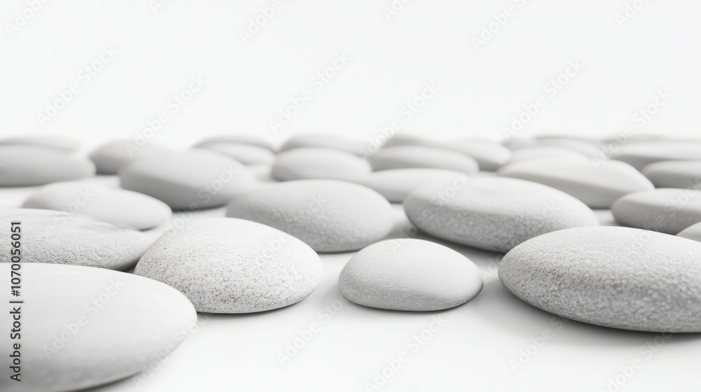 Fototapeta premium A collection of smooth white pebbles arranged artfully on a light background, creating a serene and minimalist aesthetic.