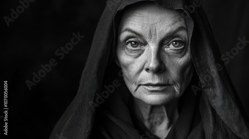 A mature woman wearing a black hooded cloak gazes intensely with a serious expression. Her features are highlighted by the stark contrast of the dark background, creating a dramatic atmosphere.