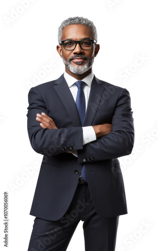 Professional African American businessman with glasses in full suit, isolated on white background