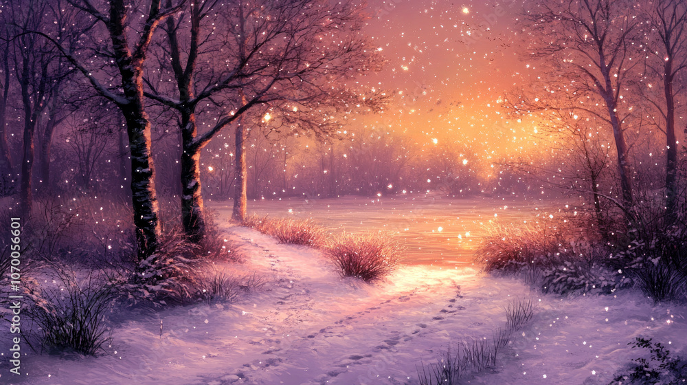 Obraz premium Serene winter landscape at twilight with falling snow