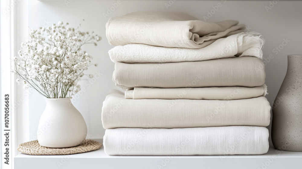 Neatly Folded Beige and White Linen Stack with Minimalist Decor in Bright Natural Light Neatly Folded Beige and White Linen Stack with Minimalist Decor in Bright Natural Light