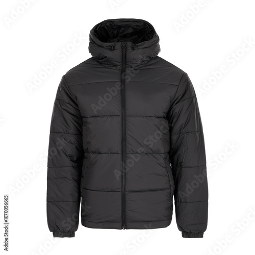 Black men's winter jacket isolated on white background