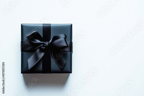 Minimalist black gift box elegantly wrapped with sleek ribbon, set against a clean white background, perfect for showcasing luxury and style. photo