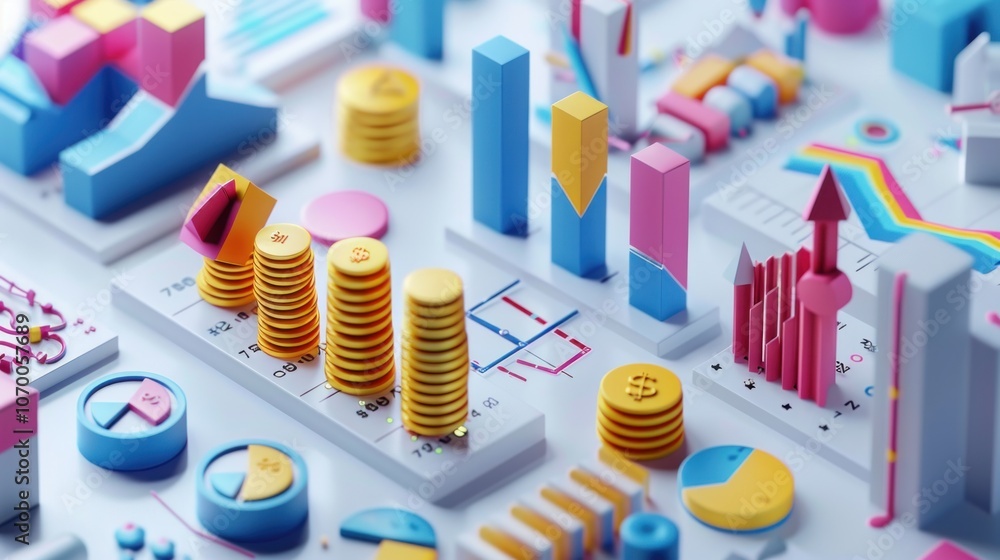 3D revenue projection with dynamic cash flow graphs, adjustable growth sliders, and visual revenue milestones on a white background 3D revenue projection with dynamic cash flow graphs, adjustable growth sliders, and visual revenue milestones on a white background