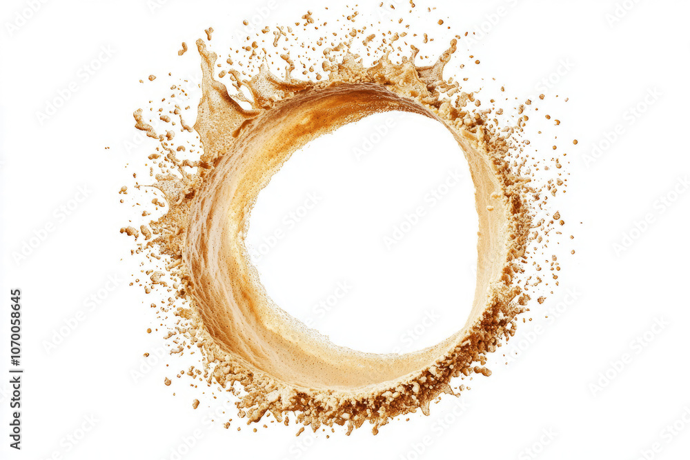 A stunning circular pattern made by sand splashing, on white background . A stunning circular pattern made by sand splashing, on white background .