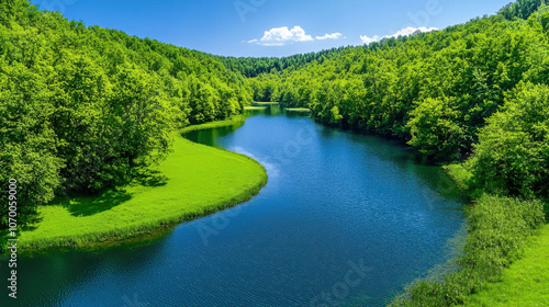 stunning, breathtaking image of serene river winding through lush green forests under clear blue sky, evoking tranquility and peace