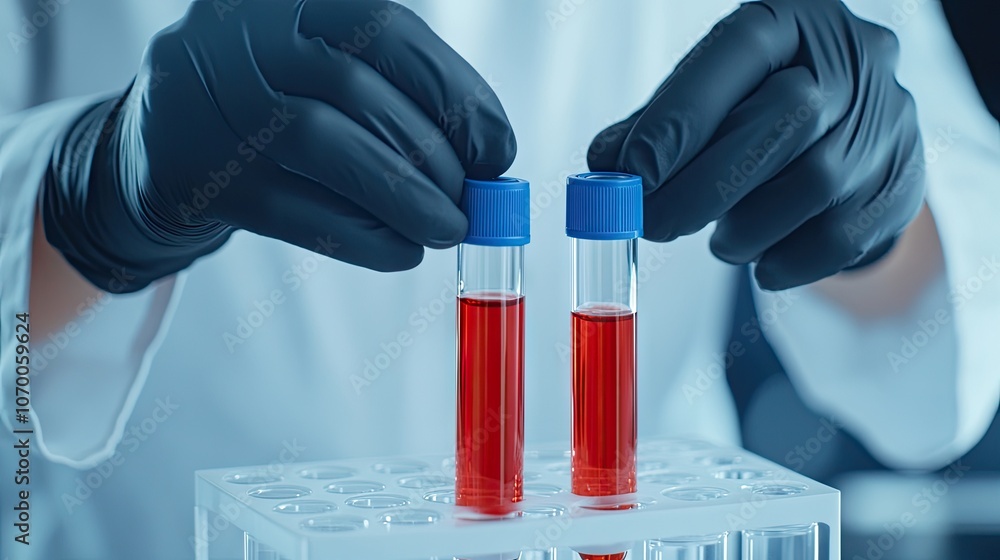 Hands in black gloves manipulate test tubes filled with red liquid and marked with white labels against a blurred medical lab background Hands in black gloves manipulate test tubes filled with red liquid and marked with white labels against a blurred medical lab background