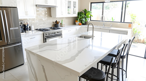 Minimalist kitchen in monochromatic tones featuring large island, modern appliances, and natural light. space is inviting and stylish, perfect for cooking and entertaining