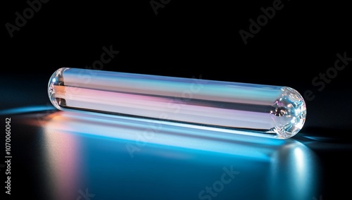 Glass rod with iridescent light reflection on a black surface. photo