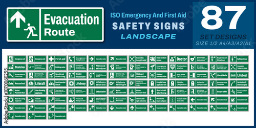 87 set iso emergency and first aid safety signs v83_evacuation route_landscape size 1/2 a4,a3,a2,a1	
