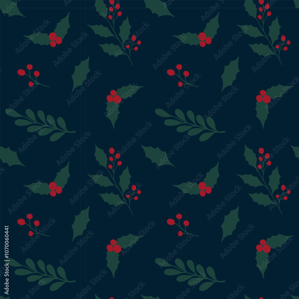 Traditional festive Christmas seamless pattern. Christmas branches with berries on dark background. Vector illustration Traditional festive Christmas seamless pattern. Christmas branches with berries on dark background. Vector illustration