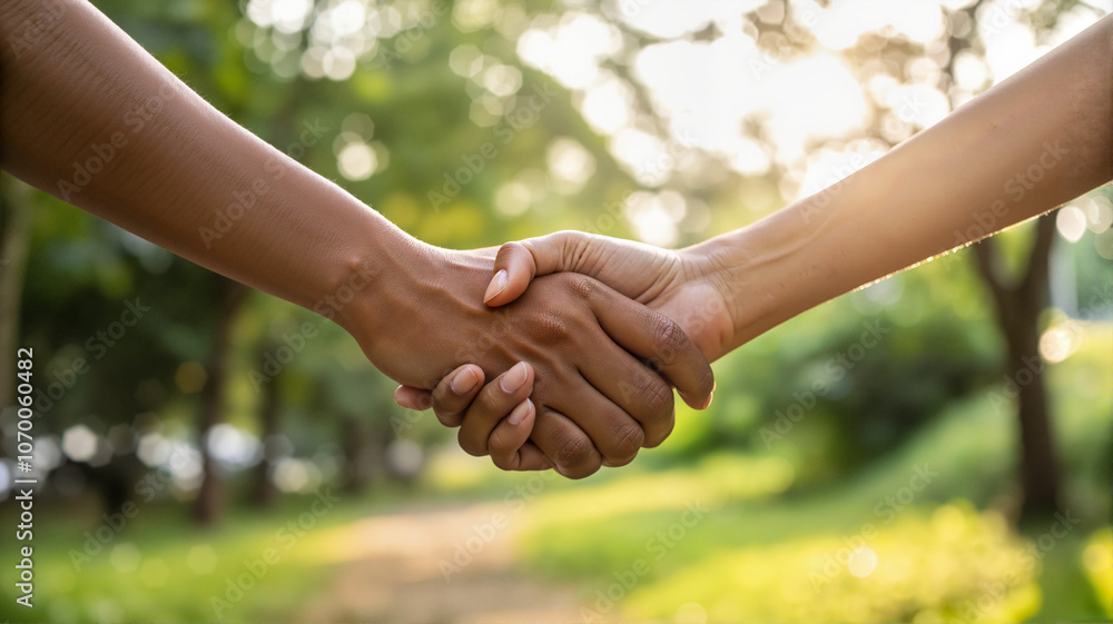 Two people holding hands in nature, sunlight in background
Two people holding hands in nature, sunlight in background