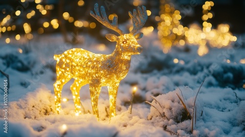 Close-up of a Christmas-themed garden decoration, such as a light-up reindeer, placed on a snowy lawn, glowing warmly. photo