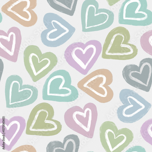 A seamless pattern of  hand-drawn pastel hearts