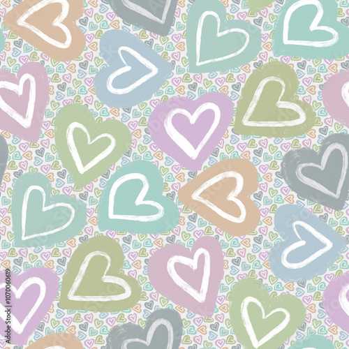 A seamless pattern of  hand-drawn pastel hearts