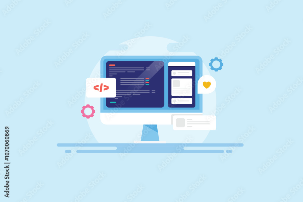 Coding on computer screen with mobile UI interface, software application development vector illustration concept. Coding on computer screen with mobile UI interface, software application development vector illustration concept.