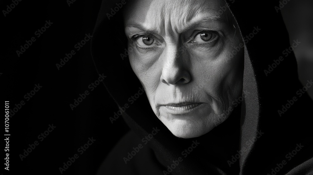 A mature woman wearing a black hooded cloak gazes intensely with a serious expression. Her features are highlighted by the stark contrast of the dark background, creating a dramatic atmosphere. A mature woman wearing a black hooded cloak gazes intensely with a serious expression. Her features are highlighted by the stark contrast of the dark background, creating a dramatic atmosphere.