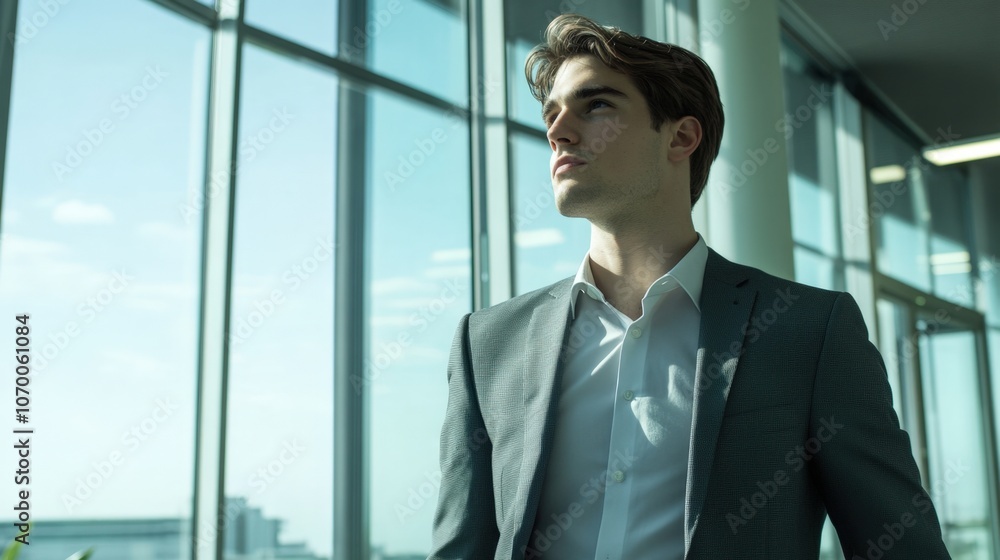 young businessman in a modern office wearing a tailored suit, large glass windows in the background, young businessman in a modern office wearing a tailored suit, large glass windows in the background,