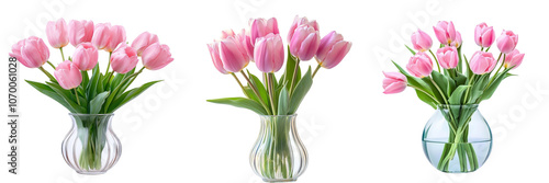 Set of Beautiful pink tulip flowers in a vase isolated on a transparent background