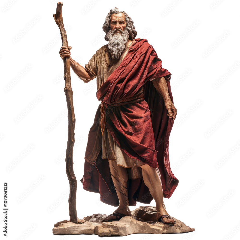 Obraz premium Moses standing with a staff, parting the Red Sea, white background.