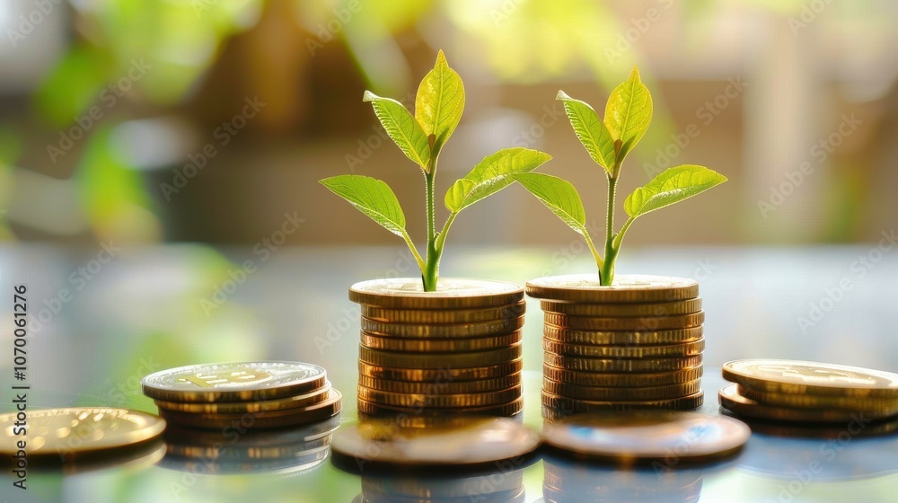 Coins stacked with plants growing on top, symbolizing financial growth and sustainability in an eco-friendly context. Coins stacked with plants growing on top, symbolizing financial growth and sustainability in an eco-friendly context.
