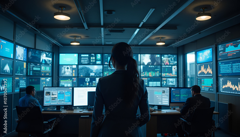 Businesswoman leading in a modern office with multiple screens displaying data analysis Businesswoman leading in a modern office with multiple screens displaying data analysis