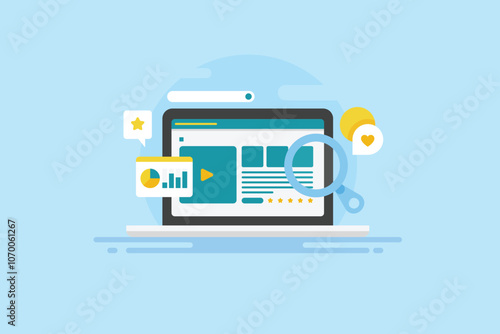 Content creation focus on user value, research keyword data and optimize for search engine visibility SEO conceptual vector illustration web banner.