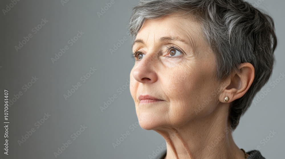 Close-up of a European elderly woman with short grey hair, minimalist light grey background, soft focus on her face. Close-up of a European elderly woman with short grey hair, minimalist light grey background, soft focus on her face.