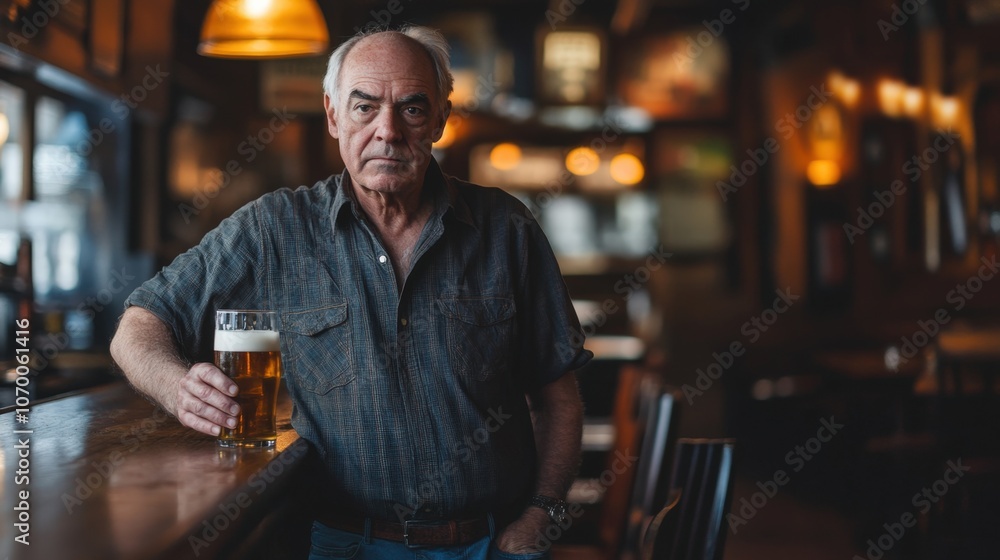 older man with a serious expression, standing alone at a bar holding a beer, soft lighting and wooden decor create a calm, intimate setting older man with a serious expression, standing alone at a bar holding a beer, soft lighting and wooden decor create a calm, intimate setting