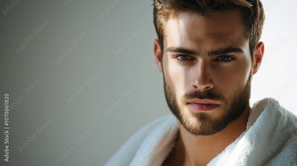Fototapeta premium Fashionable man with a beard and short hair, draped in a towel over his shoulder, looking at the camera with soft lighting in a minimalist interior,