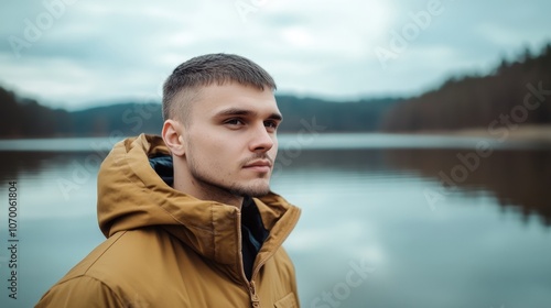 Young man with short hair in a brown jacket looking into the distance, calm lake and cloudy sky in the background, soft natural light