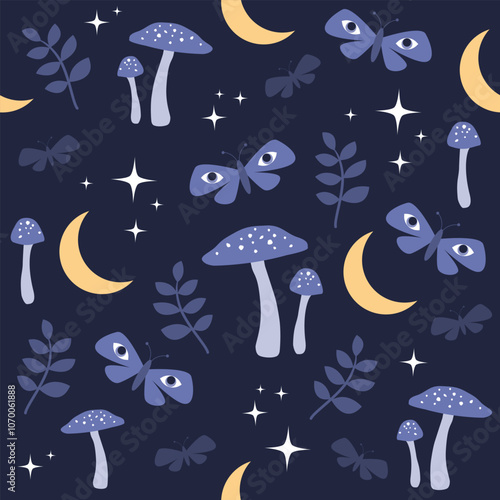 Seamless pattern with magical mushrooms, moths and crescent moons.