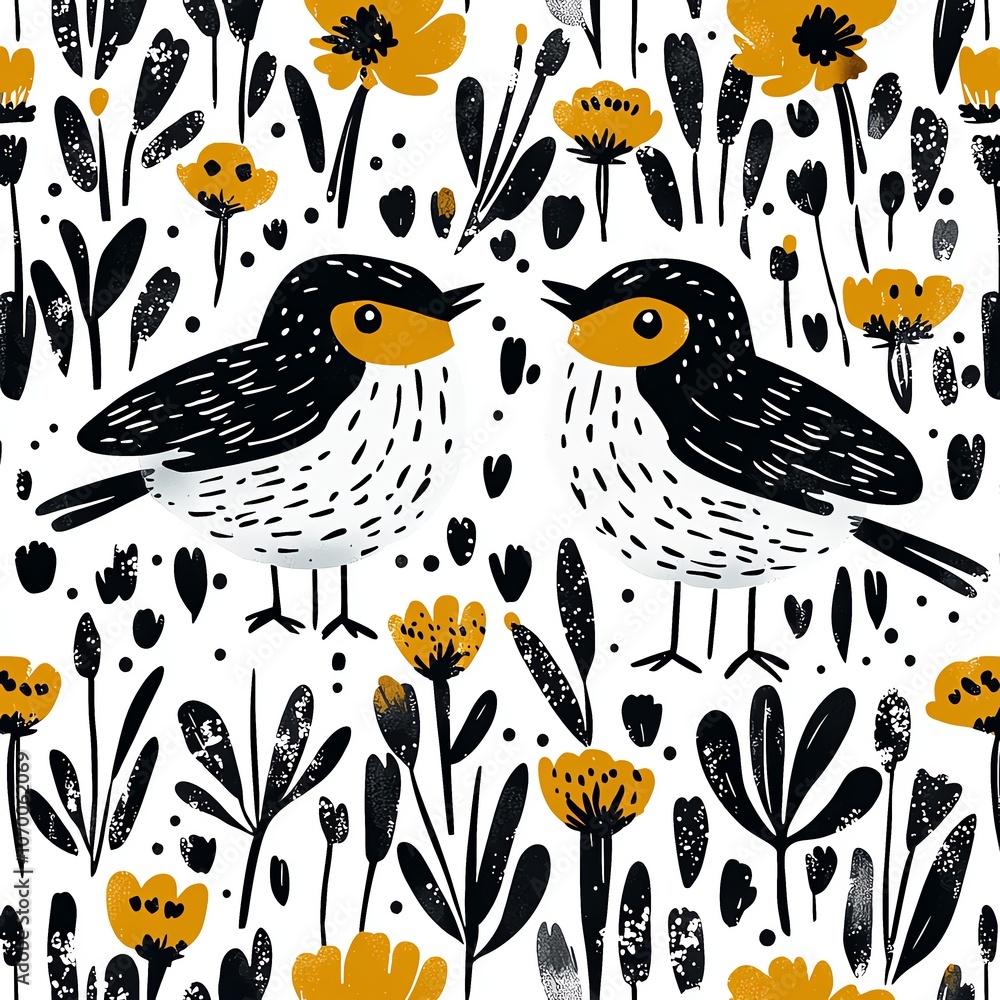 Obraz premium Birds and plant elements, Scandinavian style, folk art