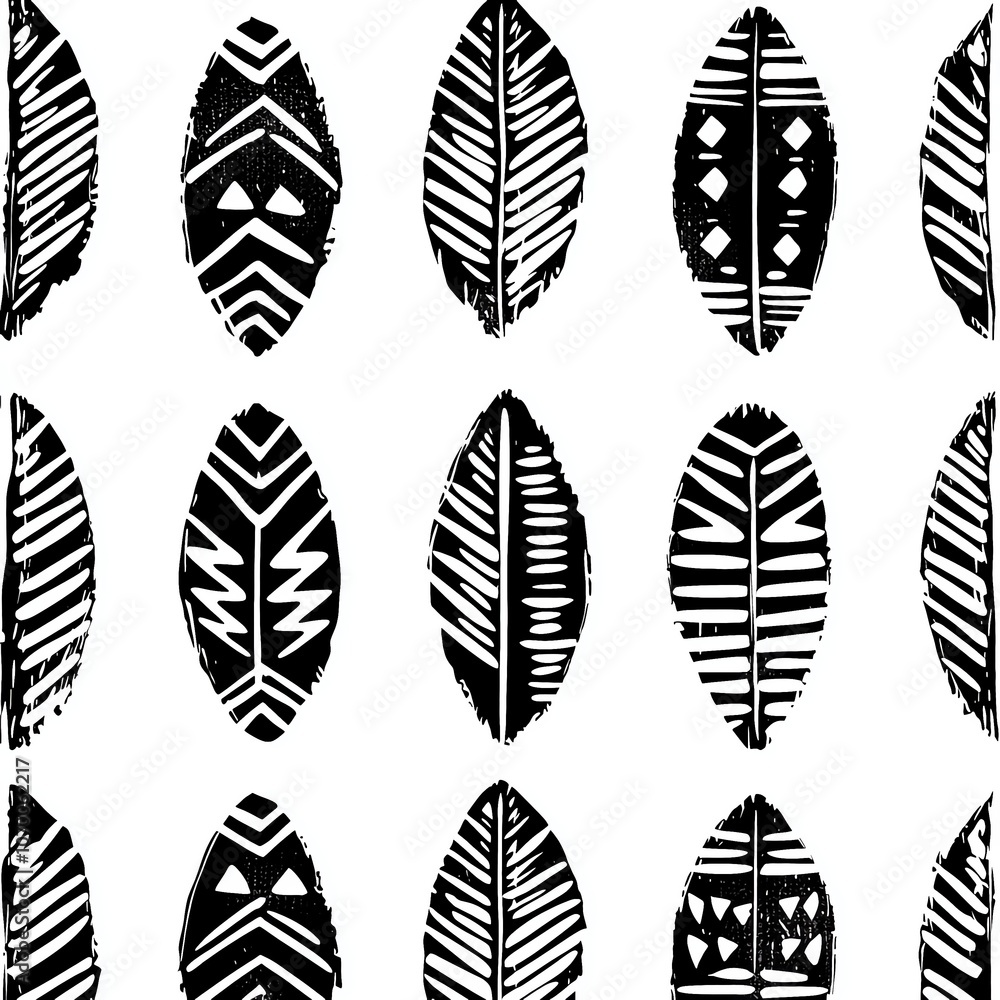 Black and white linocut leaves geometric borders seamless pattern, vector , isolated on white background, , copy space, copy space for text, Black and white linocut leaves geometric borders seamless pattern, vector , isolated on white background, , copy space, copy space for text,