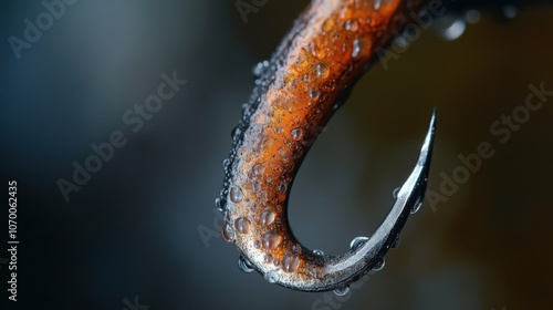 A close-up shot of the fish hook's tip, capturing the details and sharpness, with the surrounding area softly blurred. photo