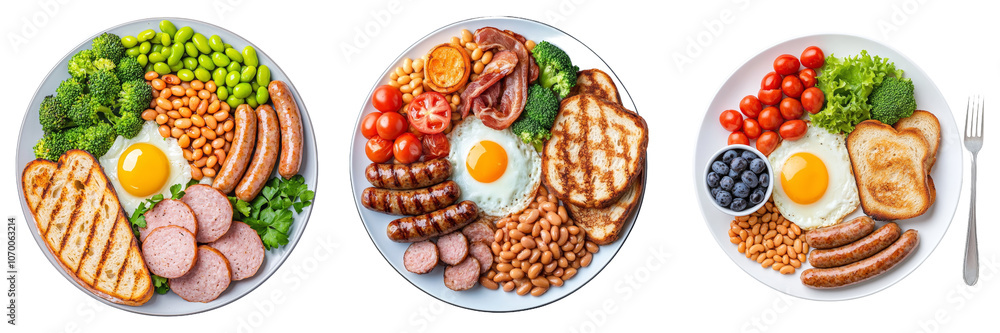An English breakfast plate with fried eggs, sausages, baked beans, tomatoes, toast, and parsley garnish. An English breakfast plate with fried eggs, sausages, baked beans, tomatoes, toast, and parsley garnish.