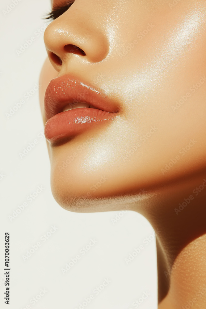 Fashion portrait of a young Caucasian woman with dewy skin and a fresh glow, showcasing smooth, healthy skin in studio lighting.