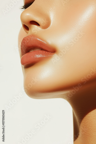 Obraz na płótnie Fashion portrait of a young Caucasian woman with dewy skin and a fresh glow, showcasing smooth, healthy skin in studio lighting. w salonie