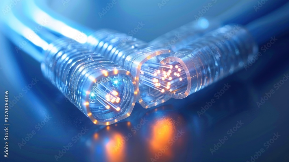 A close-up view of fiber optic cables transmitting light, symbolizing the fast data transfer speeds that power modern telecommunications networks, essential for internet and mobile communication A close-up view of fiber optic cables transmitting light, symbolizing the fast data transfer speeds that power modern telecommunications networks, essential for internet and mobile communication