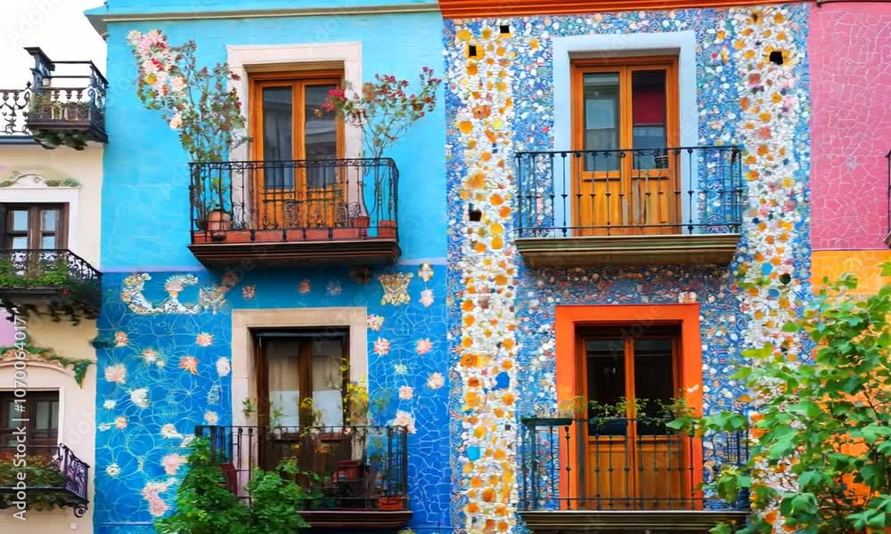 A colorful apartment complex with mosaic murals A colorful apartment complex with mosaic murals