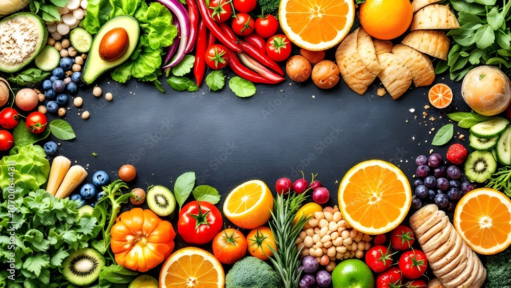 Frame of Fresh Produce with Copy Space: Fruits, Vegetables, and Grains Frame of Fresh Produce with Copy Space: Fruits, Vegetables, and Grains