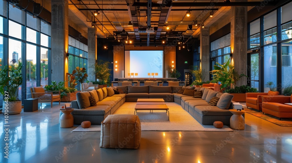 A detailed image of a flexible indoor event venue with customizable seating and lighting, showcasing a versatile space that can accommodate exhibitions, workshops, or social gatherings A detailed image of a flexible indoor event venue with customizable seating and lighting, showcasing a versatile space that can accommodate exhibitions, workshops, or social gatherings