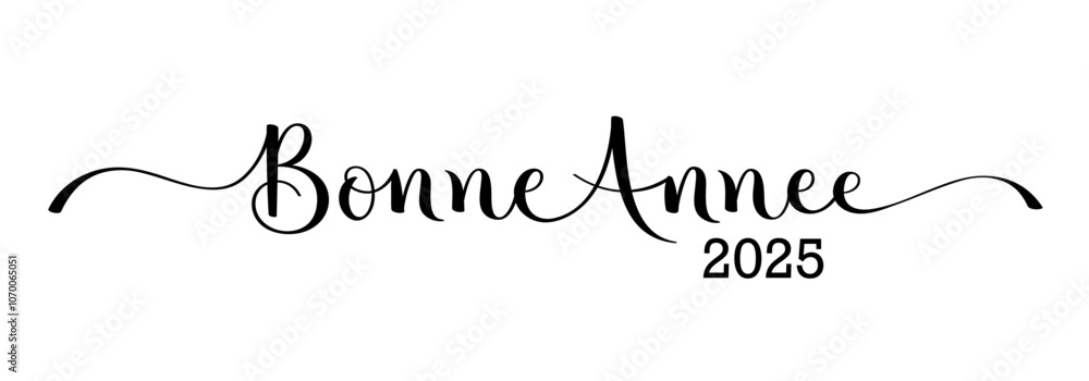 BONNE ANNEE 2025 (HAPPY NEW YEAR 2025 in French) black vector brush calligraphy banner with flourishes BONNE ANNEE 2025 (HAPPY NEW YEAR 2025 in French) black vector brush calligraphy banner with flourishes