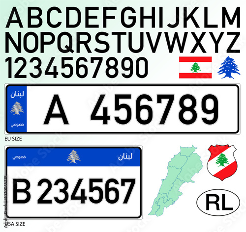 Lebanon car license plate, letters, numbers and symbols, vector illustration, middle east