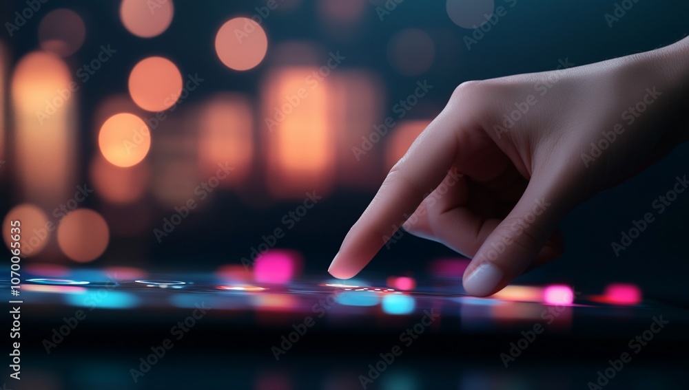 A fingertip hovers over a tablet screen, interacting with colorful lights. A fingertip hovers over a tablet screen, interacting with colorful lights.