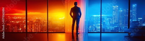 Spacious Anime Style Room with Vibrant Skyscraper Views