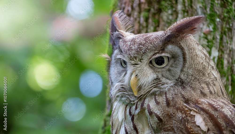 A Wise Owl Perched on Tree in a Lush Garden and Copy Space A Wise Owl Perched on Tree in a Lush Garden and Copy Space