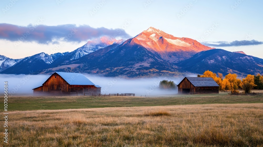 Dynamic mountain scene featuring rustic barns shrouded in fog, capturing nature's serene beauty and tranquility. Dynamic mountain scene featuring rustic barns shrouded in fog, capturing nature's serene beauty and tranquility.